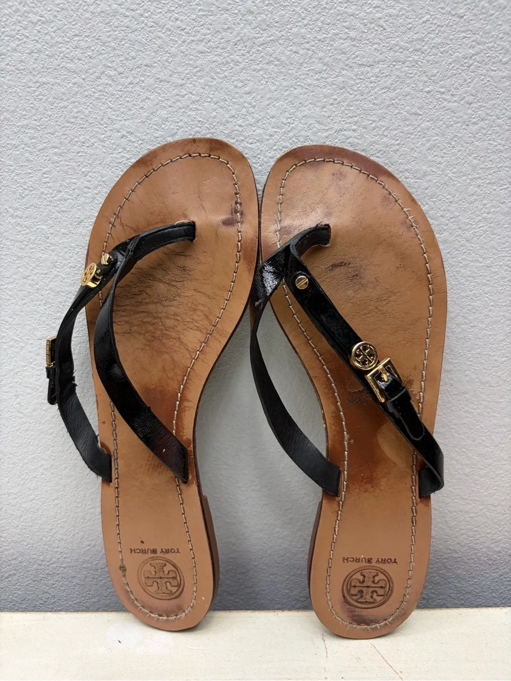 Tory Burch Black Patent Leather Terra Thong Sandals Size 10